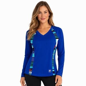 Fila Sport Womens Long Sleeve V-Neck Athletic Top Blue Striped Mesh Panels S
